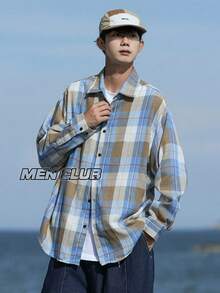 メンズ 配色チェックシャツ 春秋 街着 カジュアル メンズ - ブルー - チェックする 2