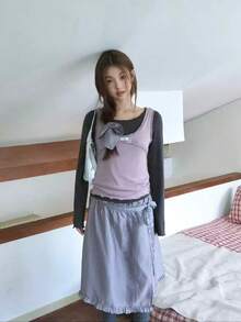 New Women's Minimalist Long Sleeve T-Shirt + Patchwork Frill Trim Layering Tank Top 2 Pieces Set - Grey - View 2