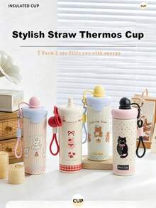 Gift Box Packaging, 600ml 304 Stainless Steel Floating Ball Insulated Cup, Cartoon Animal Pattern Insulated Water Bottle, With Lanyard, Suitable For Portable Travel, Leak-Proof, Suitable For Student Outdoor Drinking Cup, Cat/Bear/Dog/Rabbit And Other Animal Designs Available. - Multicolor - View 9