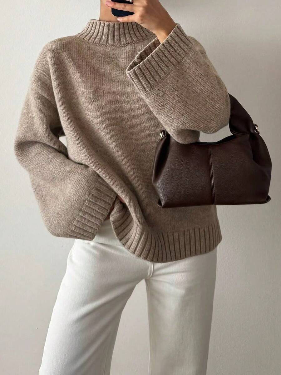 Joy Women's Knitted Sweater, Autumn/Winter New Style - Versatile Top - Minimalist Casual Multi-Functional - Solid Color Round Neck Bell Sleeve Loose Fit Autumn Style - Khaki - View 1