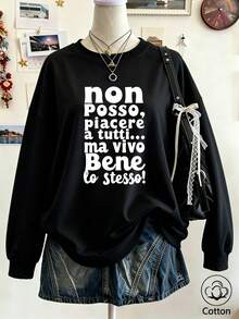 Women Cotton Crew Neck Loose Sweatshirt For Autumn With White Letter Print And Layered Shirt Hem, Casual Street Sport Style - Black - View 3