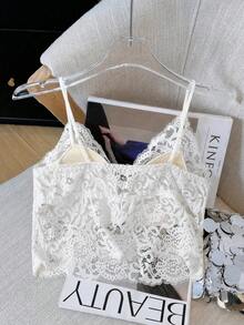 Sexy Lace V-Neck Camisole With Built-In Pads, Elegant Crop Top, Slim Fit, Flattering Back White Casual Summer - White - View 6