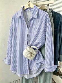 Plus Size Women's Preppy Striped Button-Down Long Sleeve Regular Fit Basic Top - Baby Blue - View 1