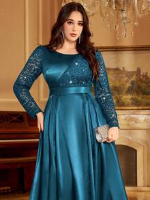 Sequin Lace Colorblock Satin Ruffle Hem Elegant Ball Gown, Formal Dress For Prom, Valentine's Day, Wedding Guest, Birthday, Homecoming, Formal Occasion, Holiday - Dusty Blue - View 8