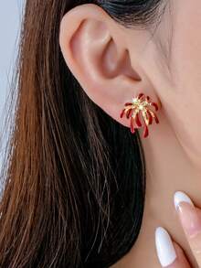 1 Pair Of Retro Red Fireworks Clip-On Earrings: Minimalist Geometric Design, For Women (No Piercing Required) - Red - View 2