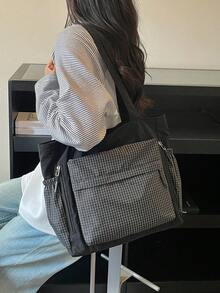 韓式極簡格紋拼接尼龍托特包女款，大容量多口袋單肩包，通勤、上學、購物、旅行、休閒百搭布包，日系學院風大學生課包 - 黑色 - 查看 9