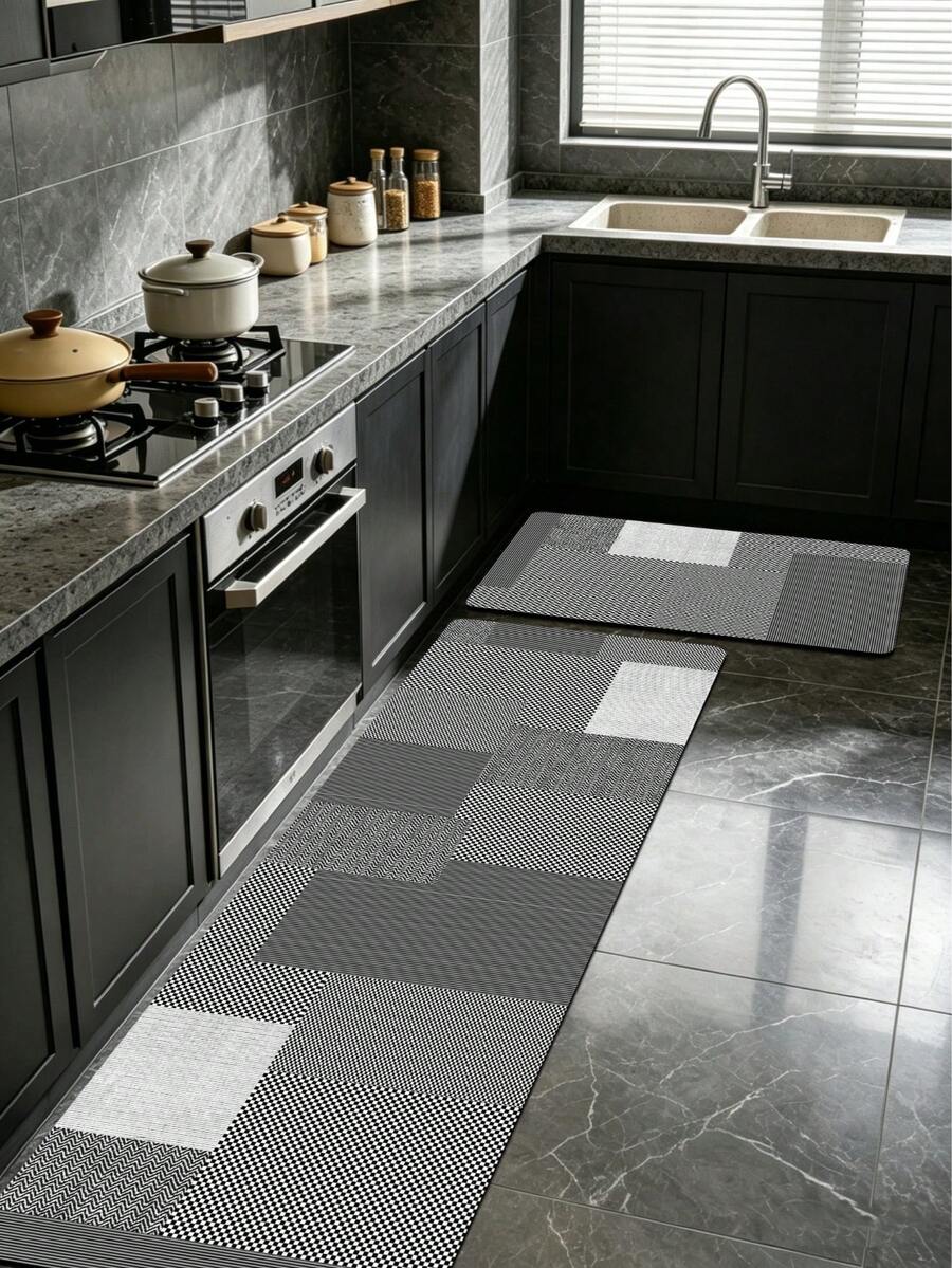1pc 3.5mm Thick Geometric Patchwork Square Pattern Diatom Mud Mat, Cuttable Soft Rubber Material, Kitchen Carpet Bathroom Mat, Suitable For Entryway Hallway Living Room Laundry Room, Outdoor Garden Decor Door Mat - Multicolor - View 1