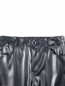 Men's Retro Street Style Wide Leg Pants With Side Vertical Stripes, Black PU Drape Straight Leg Long Pants, Autumn/Winter - Black - View 3