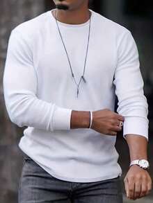 Men's Classic Solid Color Crew Neck Long Sleeve T-Shirt, All-Season Wear, Essential Long Sleeve For Autumn/Winter Wardrobe - White - View 7