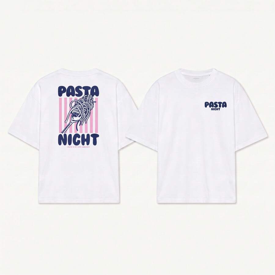 White Pasta Night T-Shirt With Retro Fork Graphic And Blue Lettering Vintage Italian Dinner Inspired Design Unisex Streetwear Top - White - View 1