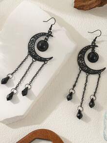 1 Pair Fashion Dark Personalized Crescent Moon Water Drop Faux Crystal Chain Long Tassel Earrings For Women, Suitable For Daily Commute, Party, Banquet, Halloween - Gun Black - View 5
