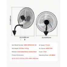 Wall Mount Fan, 20 In Wall Mounted Hanging Fan Oscillating, 3-Speed, Long Airflow Distance, Adjustable Rotation Angle, Mechanical Powerful For Industry, Commercial, Garage, Workshop, Gym, Black - 20 in - View 11