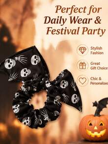 1pc Halloween Large Bat Wing Headband With Scary Pumpkin Bat Tombstone Pattern Witch Spider Web Print Hip-Hop Style Big Round Design, Soft Comfortable Fashionable Styling For Back Bun High Ponytail Medium Long Hair Tie, Suitable For Halloween Party And Holiday Gift Multi-Functional Accessory - Multicolor - View 4