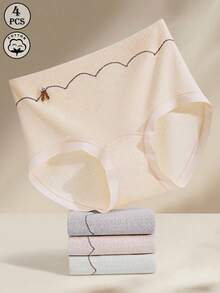 4pcs Women's Cotton Panties, Printed & Solid Color, Minimalist, Skin-Friendly, Comfortable, Butt-Lifting, Women's Triangle Panties - Multicolor - View 1