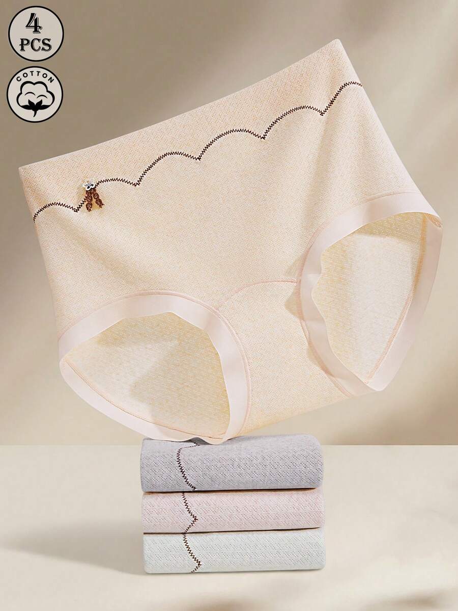4pcs Women's Cotton Panties, Printed & Solid Color, Minimalist, Skin-Friendly, Comfortable, Butt-Lifting, Women's Triangle Panties - Multicolor - View 1