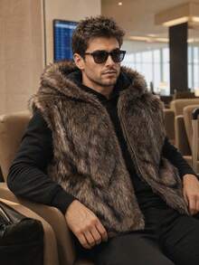 Men's Hooded Faux Fur Vest Jacket, Simple Fashion Casual Daily Wear - Dark Grey - View 6