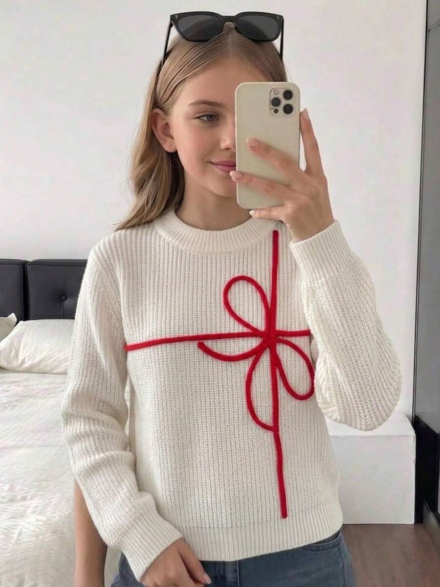 Girls' Minimalist Solid Color Bow Embroidered Knit Pullover Sweater, Suitable For Daily Casual Wear In Spring, Autumn And Winter - Apricot - View 1