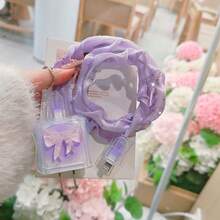 Dreamy Gradient Bowknot Charger Protective Case Set, Sparkling Rhinestone Cord Data Cable Protector Anti-Breakage, Compatible With Apple 20W Fast Charging Head - Mauve Purple - View 4
