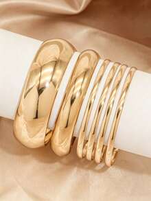 6pcs Vintage Elegant Wide Flat Metal Bangles, Suitable For Women's Daily, Party, Vacation Occasions, Gift - Gold - View 5