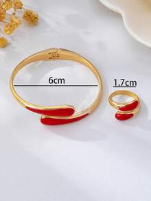 2pcs Fashion New Gold-Plated And Artificial Drip Red Water Drop Shape Women's Bracelet And Ring Jewelry Set - Golden Red - View 4