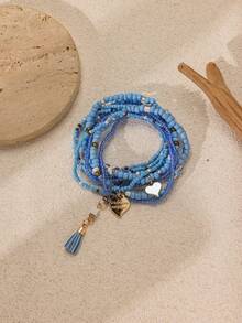 1 Set Alloy Heart Shaped Beaded Bracelet - Baby Blue - View 2
