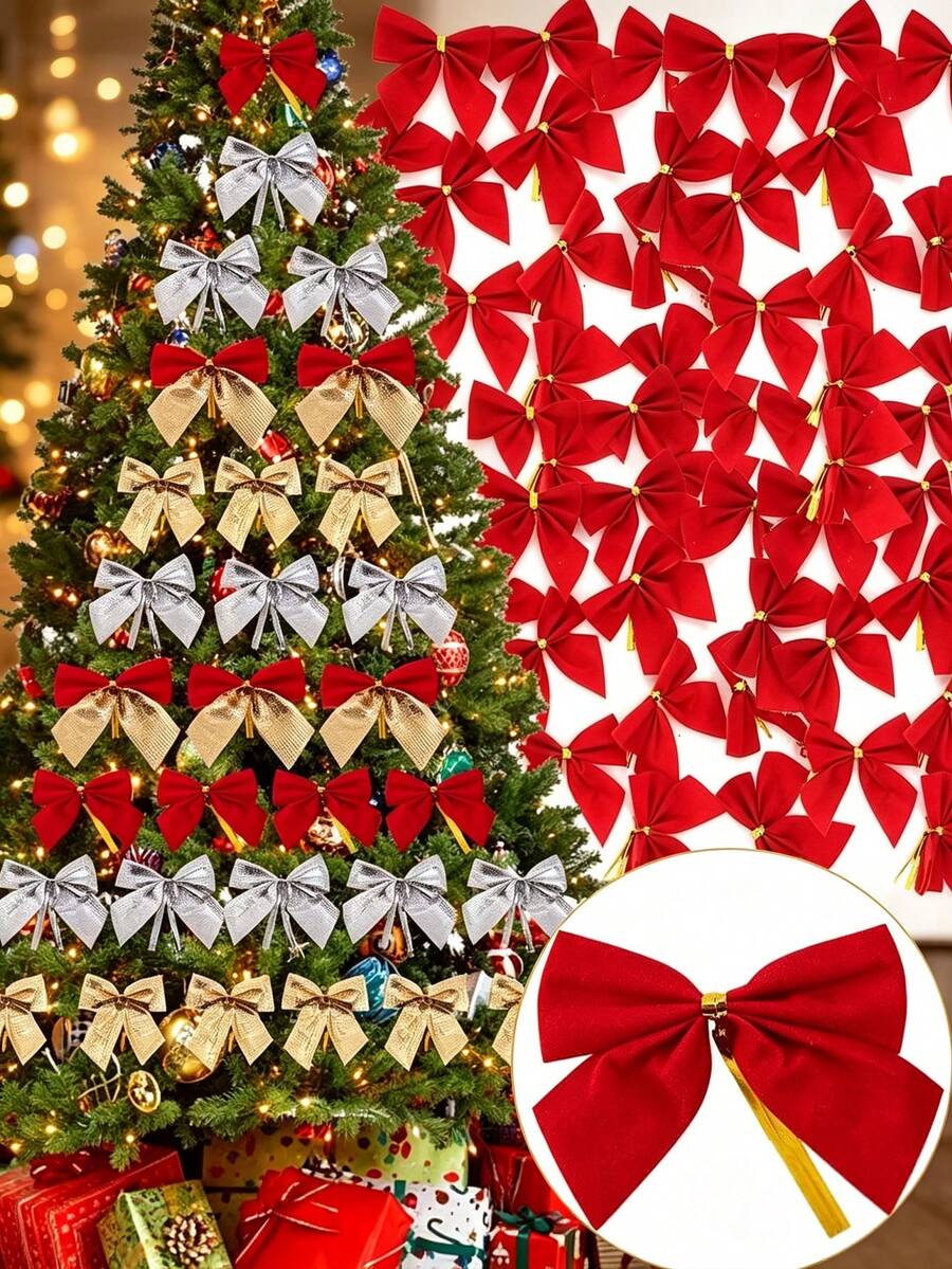 Small Red Christmas Velvet Bow With Ribbon, Christmas Tree Bow For DIY Christmas Crafts, Wreaths, Home Decor, Gift Wrapping - Multicolor - View 1