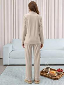 Contrast Trim Button Front Long Sleeve Pajama Set - Beige - View 2