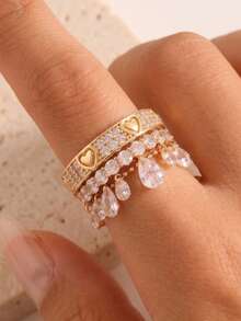 rakol 3pcs Fashion Galaxy Water Drop Multi-Heart Cubic Zirconia Tassel Beaded Ring Set - Set 8 - View 8