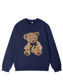 Sweatshirt Pullover Lengan Panjang Leher Bulat Motif Beruang Teddy Wanita, Potongan Reguler, Kain Rajut dengan Detail Bergaris - Navy Blue - View 4