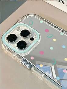 1pc Colorful Polka Dot Green Smiling Face Luck English Mirror Phone Case Makeup Mirror PC Hard Shell 1.5mm 2-In-1 Full Coverage Airbag Shockproof Creative Precision Cutout Raised Camera Ring Protection Compatible With IPhone 17/17Pro/IPhoneAIR/17PROMAX/16Promax/15PLUS/14/13/12/11/16E/17E - Multicolor - View 2