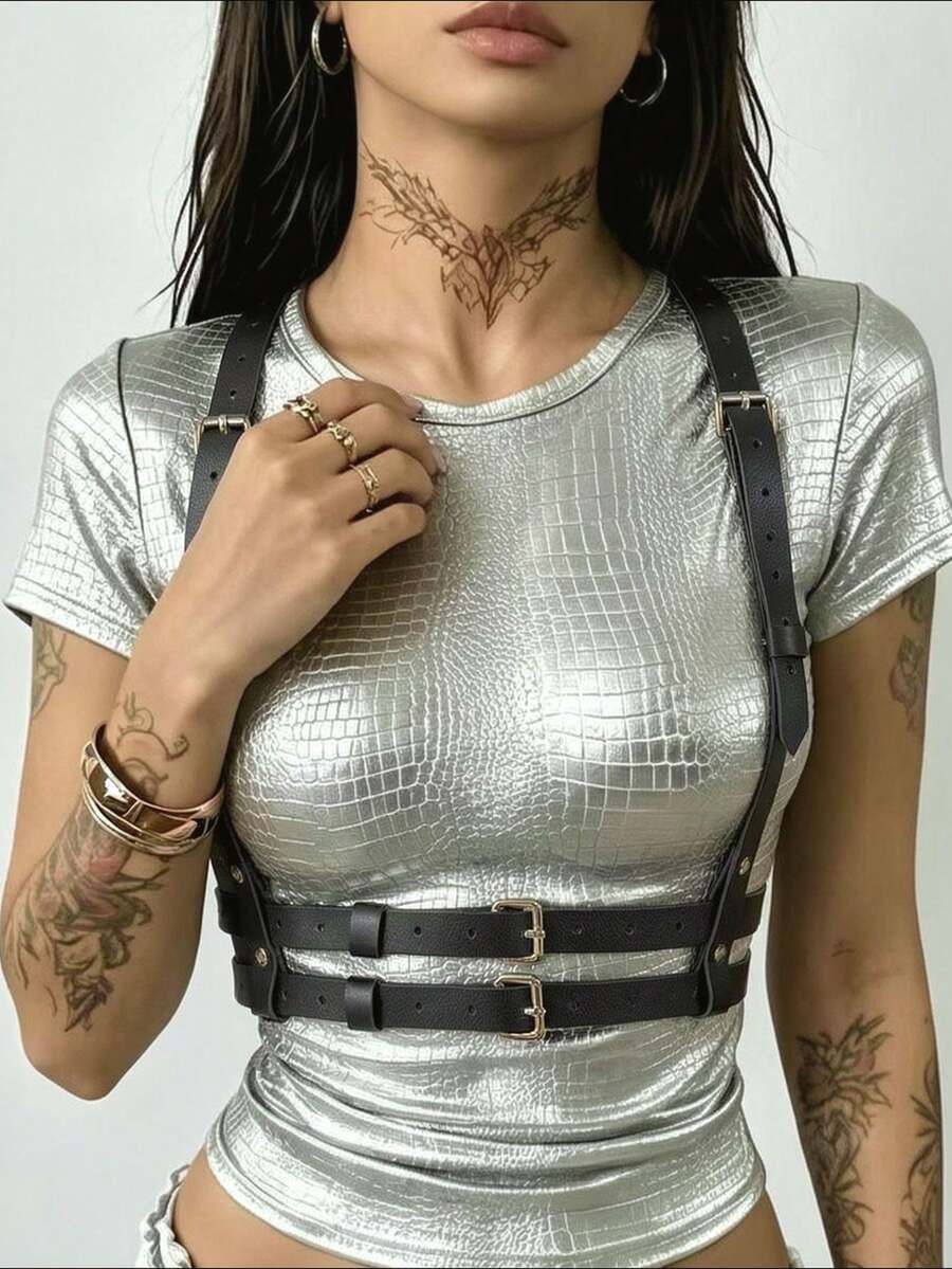 1pc Women Black Leather Chest Strap Harness Body Decor Belt Suitable For Daily Use - Black - View 1