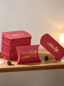 12PCS/Christmas Pillow Gift Boxes, Red Paper Candy Treat Boxes With Gold Foil Stamping, 4.33*2.76 Inch Merry Christmas Cartoon Favor Boxes For Holiday Party Gift Packaging - View 8
