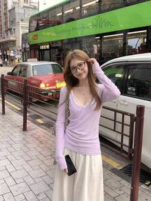 春夏V領防曬層搭百搭長袖女款T恤上衣 - 淡紫色 - 查看 4