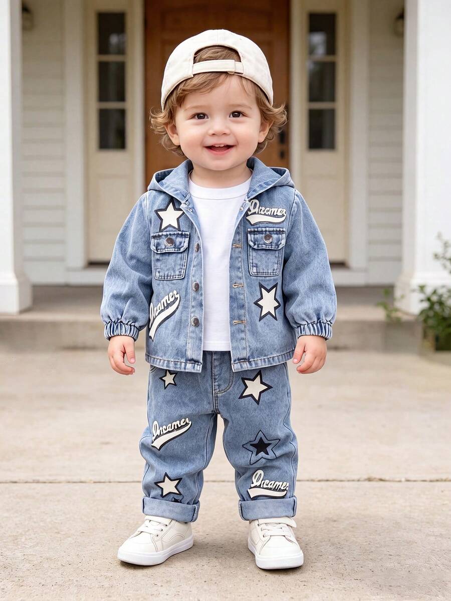 Baby Boy Spring/Autumn Hooded Jacket + Button Elastic Waist Pants 2-Piece Set, Star Patchwork Letter Print Cool Outfit, Daily Outdoor School Wear - Blue - View 1