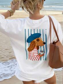 High‑End Casual Cotton Ladies T‑Shirt, Chic Cartoon Pet Striped Motif Back Print, Short Sleeve Tee For Holiday Travel Casual Gathering - White - View 7