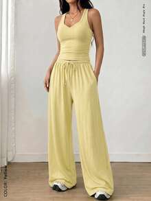 FWH Women's Spaghetti Strap Backless Sports Set, Women's Tank Top + Straight Loose Long Pants Sports Two Pieces Set Yellow - Yellow - View 6