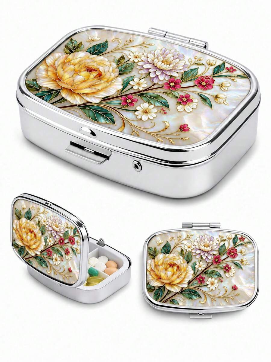 1pc Portable Floral Printed Pill Case, Mini 2 Grid Divided Medicine Tablet Storage Box, Vintage Flower Pattern Metal Pill Container For Pocket Purse Travel Daily Vitamin Organizer Gift For Women