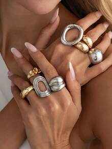 8 Pcs Bohemian Chunky Mixed Metal Rings, Stackable Gold And Silver Tone Statement Rings For Daily And Party Wear - Color Mixing - View 2