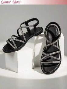 Lumer Women's Summer Rhinestone Flat Sandals, Shiny Criss-Cross Strap Design, Open Toe Casual Shoes, Suitable For Vacation, Shopping, Beach Outfits - Black - View 2