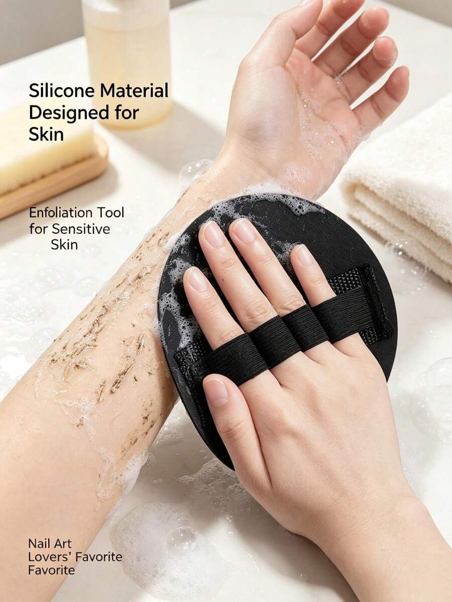 1pc Multicolor Round Silicone Exfoliating Body Brush, Premium Solid Texture, Elastic Finger Strap Design, Reusable Dead Skin Removal Bath Scrub Pad, Suitable For Shower Bathroom Daily Home Use - Multicolor - View 1