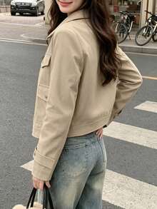 女款素色休閒百搭日常穿著長袖夾克 - 卡其色 - 查看 4