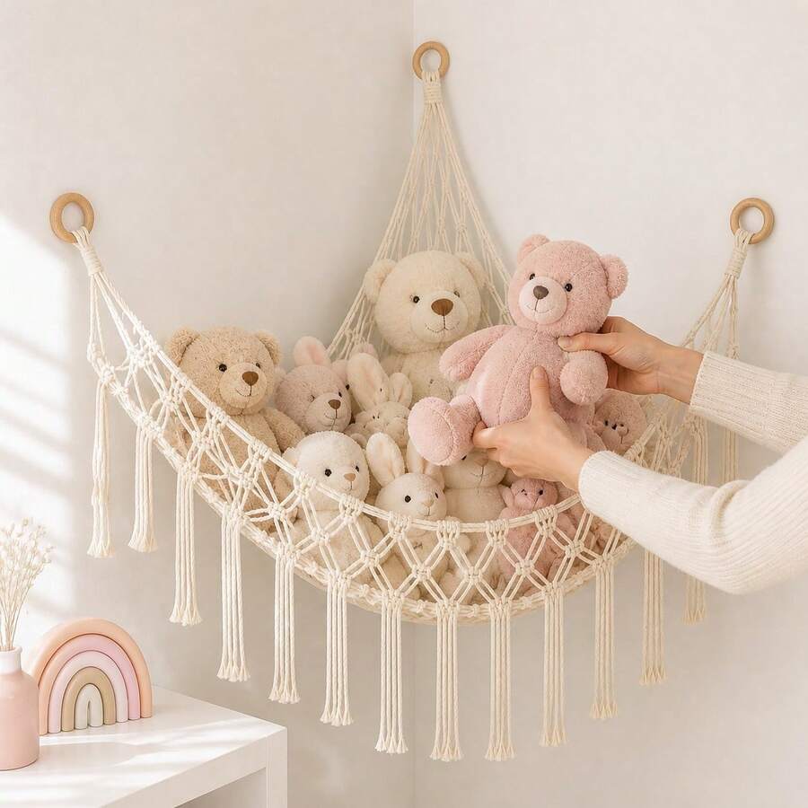 Jaring Gantung untuk Penyimpanan Boneka Plush - Jaring Gantung Sudut untuk Boneka Plush - Rak Penyimpanan Boneka Plush Gantung Ukuran Besar untuk Dekorasi Kamar Bayi - Krem - View 1