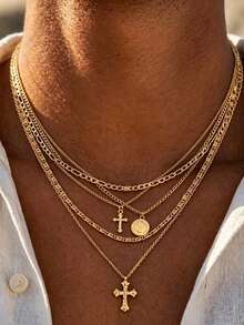5pcs Cross Pendant Necklace Set, Retro Hip-Hop Unique INS Charm Jewelry For Men - Gold - View 1