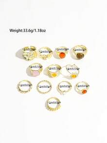 12PCS American Vintage Distressed Metal Rings, Sun Shape Colorful Faux Gemstone Rhinestone Studded Rings, Asymmetrical Texture Multi-Piece Set Stackable Layered Index Finger Rings For Women - Gold - View 6