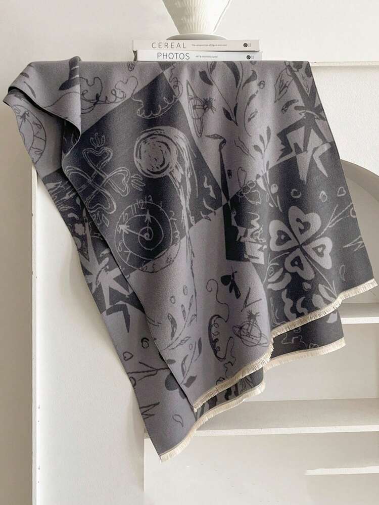 1PcAbstract Graffiti Print Faux Cashmere Scarf, Warm Fringe Large Shawl Wrap, Versatile Outdoor Travel Blanket Scarf For Women - Dark Gray - View 7