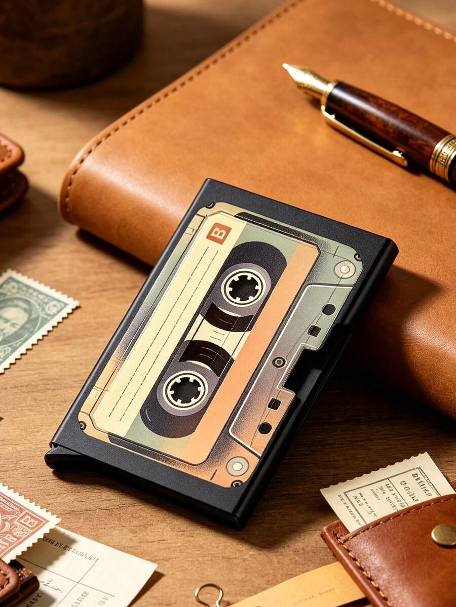 حامل بطاقات بتصميم شريط كاسيت عتيق، محفظة نحيفة محمولة بفتحة بطاقة مخفية، هدية لعشاق الموسيقى للتنقل والسفر والسكن الجامعي والعطلات - متعدد الألوان - مشاهدة 1