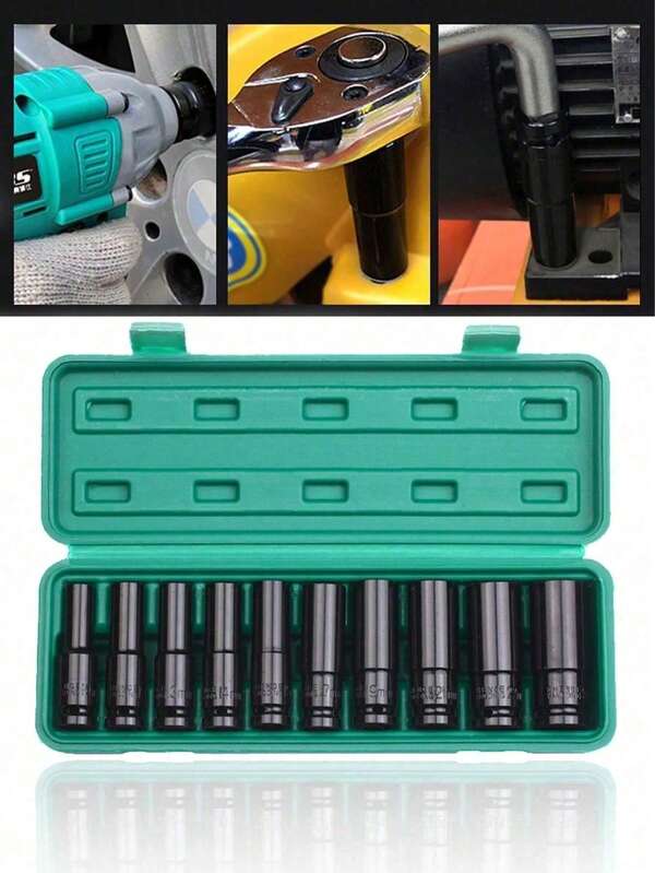10pcs Heavy Duty Metric Deep Impact Socket Set, Long High-Hardness Steel Sockets For Impact Wrench, Car Tire Removal And Automotive Repair Tool Kit With Storage Case