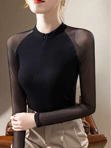Women's Black Long Sleeve T-Shirt, Stand Collar, Slim Fit, Mesh Patchwork, Spring/Autumn 2026 New Style Undershirt - Black - View 2