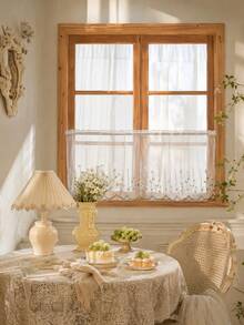 1pc Fresh Floral Embroidered Coffee Curtain, Kitchen Small Window Curtain, Suitable For Kitchen Cabinet, Bay Window, Door Curtain Divider, Home Decor - Mint Green - View 7