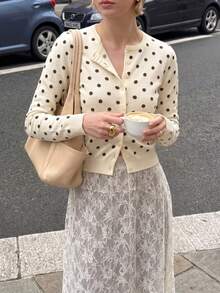 Soft Knit Cream White Polka Dot Cardigan Sweater Women Button Long Sleeve Short Jacket French Elegant Vacation Daily Wear - Apricot - View 7